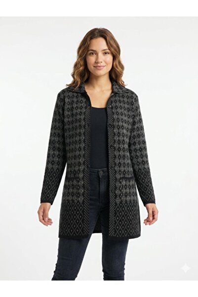 MADAM PARS Women's Black and White Diamond Patterned Buttoned Long Knitwear C...