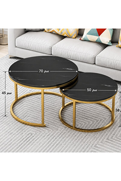 N.zone طقم طاولات قهوة متداخلة دائرية فاخرة قطعتين بتصميم عصري أنيق – هيكل من الفولاذ الكربوني مع سطح من خشب MDF عالي الكثافة، مقاس 70 × 45 سم + 50 × 38 سم، مثالية لغرف المعيشة والضيافة والديكور العصري