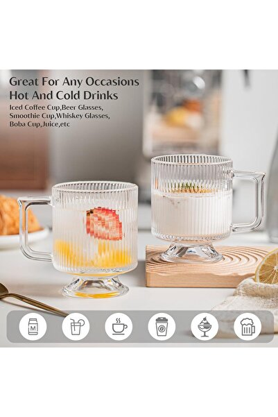 KASTWAVE Ribbed Glass Coffee Mug Set, 10 oz Clear Glass Cups with Handle, Mod...