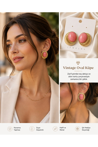 kasımoğulları concept Vintage Pink Stone Detailed Gold Plated Earrings |   St...