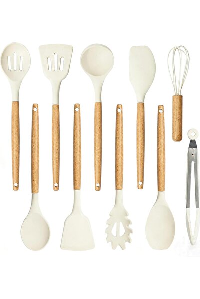 Generic 10 Pack Wooden Handle Silicone Kitchen Utensil Set White Cooking Spat...