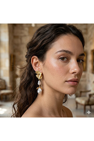 SoulSisco Jewellery Gold Dokulu Yaprak Tasarım İkili Barok İnci Sallantılı Küpe