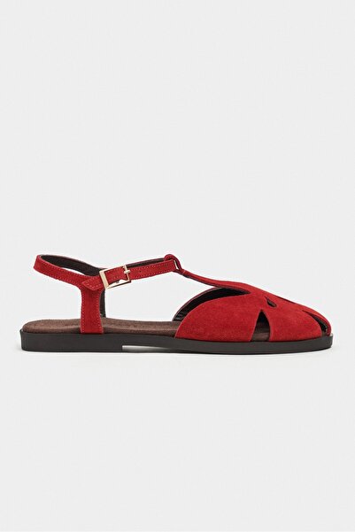 NİŞANTAŞI SHOES Harpy Red Suede Leather Buckle Detail Flat Sole Women's Sandals