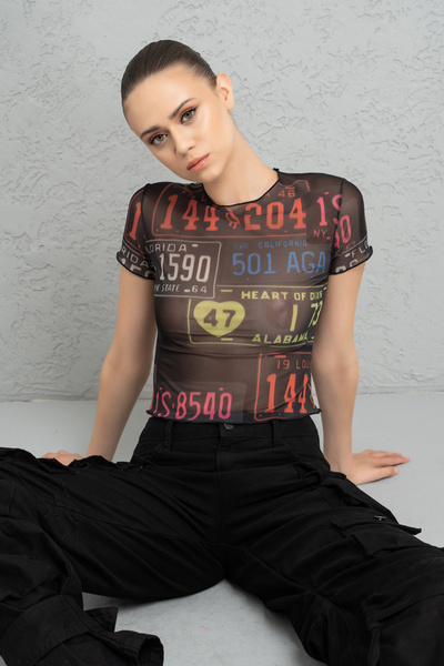 Kikiriki BLACK & MIX Desenli Crop Tül Bluz