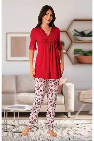 by İGP Cherry Color V-Neck Maternity Pajama Set