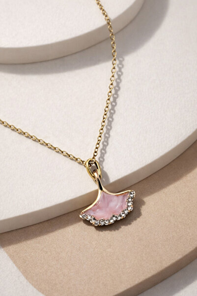 THE Steel Women's Gold Color Pink Stone Ginkgo Leaf Necklace