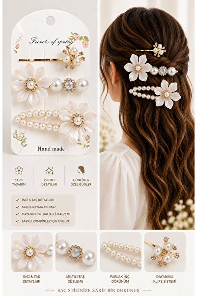 MAQYA KOZMETİK Pearl Stone Detailed Flower Hairpin Set 3-Piece Women's Hair A...