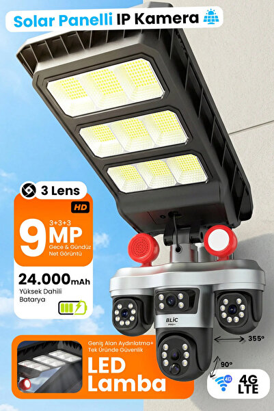 ATAsoft 9MP 3 Lensli Sim Kartlı 4G LTE Solar Güneş Enerjili Akıllı IP Kamera -13W Güçlü LED Sokak Lambası, 24000mAh