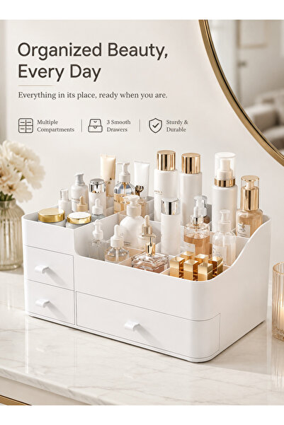 Pomefar Drawer Cosmetic Storage Organizer, Elegant Vanity Box for Bathroom Be...