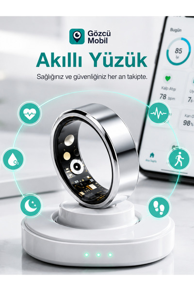 Gözcü Mobil Akıllı Yüzük Sağlık Egzersiz Takibi Adım Sayar Kalp Atışı Kan Bas...