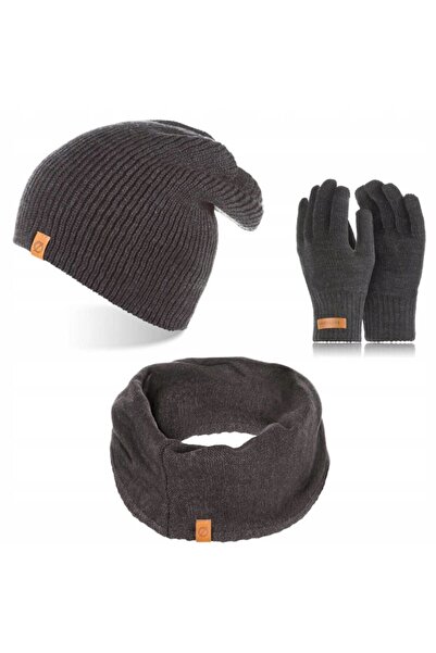 Brødrene Set caciula cu fular si manusi barbati Brodrene, Acril, Gri inchis