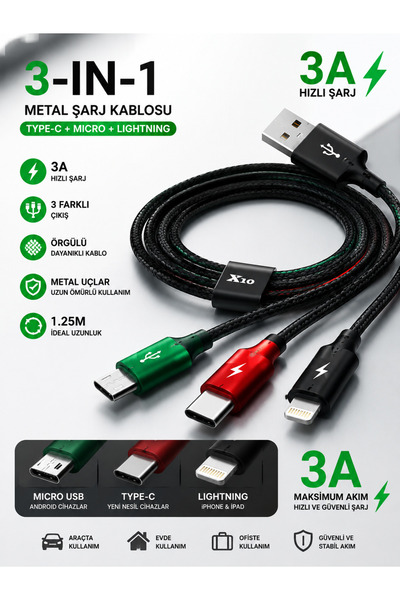 Rio çoklu hızlı şarj kablosu 3in1 Metal Örgülü Tüm cep telefonlarına uyumlu 1...