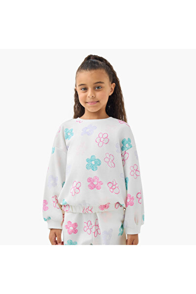 Juniors Floral Print Sweatshirt with Long Sleeves