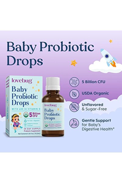 lovebug PROBIOTICS Baby drops 0+ months, 10 ml (30-day supply) 5 billion CFU with L GG, B Infantis USDA Organic, Allergen-free