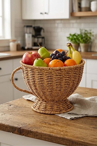 Bayev Rattan 1692 Cup Model Basket with Handle 20 cm Rattan Knitted Fruit Bas...