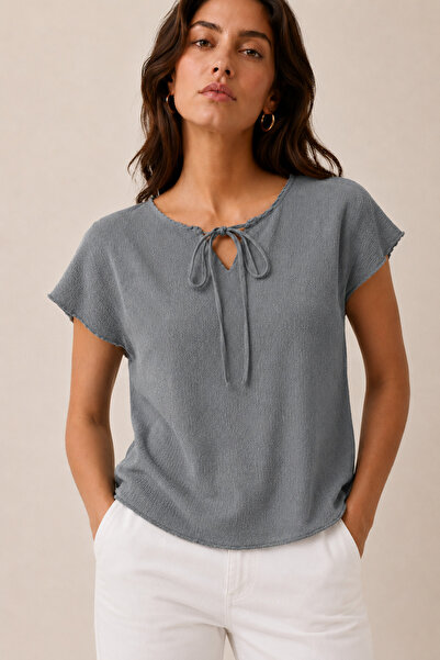 just wear zt Women's Slit Detailed Lace-Up Collar Comfortable Fit Blouse
