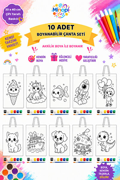 Minopi 10 Adet Boyanabilir Bez Çanta Seti 30x40 cm Çift Taraf Baskılı Akrilik...