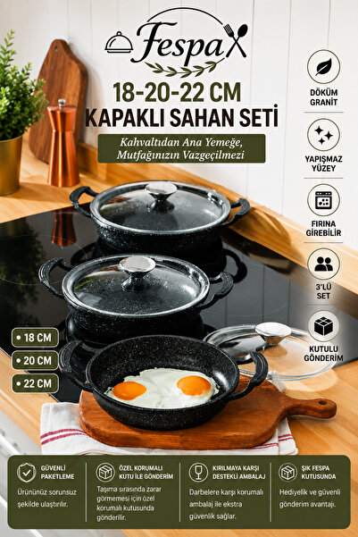 Fespa 6 Parça 18-20-22 cm Kapaklı Granit Sahan Seti | 3'lü Döküm Granit Sahan...