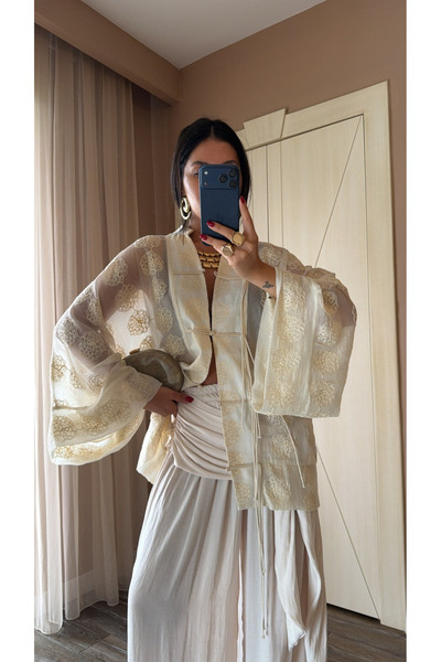 My Blog Sarı İp Bağcıklı Brodeli Kimono - 5096