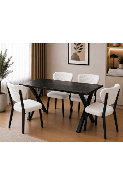 Cosargroup ELMA Sandalye 70X110 siyah Mermer Yemek Masası Mutfak Masası 4 Kiş...