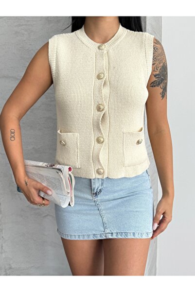 erki triko Metal Buttoned Pocketed Cotton Summer Seasonal Knitwear Vest