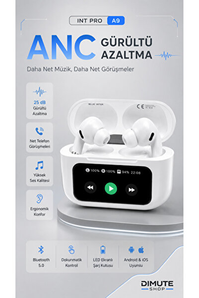 Dimute Shop INT PRO A9 ANC Bluetooth Kulaklık Dokunmatik TWS Kablosuz Kulaklı...