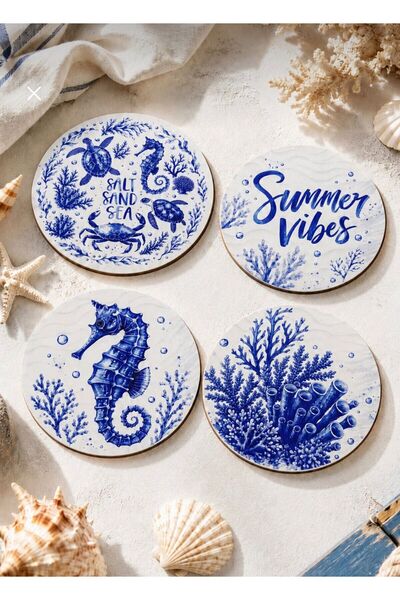 nesnelgift Summer Vibes Sea Themed Set of 4 Coasters, 9 cm Mdf Wood, High Qua...