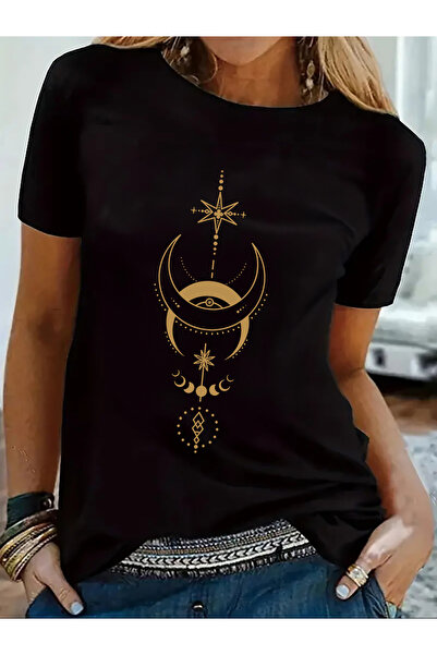121 "Wind, Festivals, Moon, Stars" Print Short Sleeve Round Neck T-Shirt