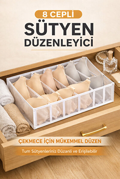 Ferzin 8 Bölmeli Şeffaf Sütyen Düzenleyici Organizer | Katlanabilir File Kumaş İç Çamaşırı Saklama Kutusu | Dolap ve Çekmece İçi Düzenleyici | 36 x 29 x 12 cm