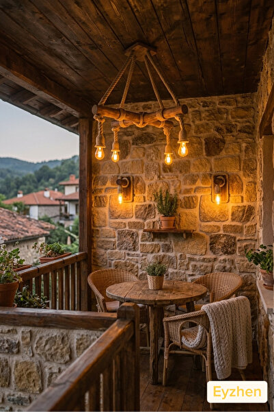 Eyzhen El Yapımı Ahşap Halatlı Rustik Avize 2’li Duvar Aplik Seti Balkon Tera...
