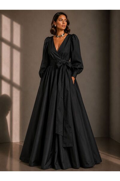 ALYEL NAKER Double-Breasted, Balloon Sleeves & Belted Maxi Length Black Dress