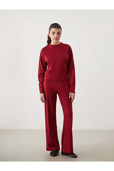 LC Waikiki Burgundy Wide Leg Women's Sweatpants with Elastic Waist