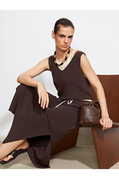 LC Waikiki Brown V-Neck Women's Knitwear Dress