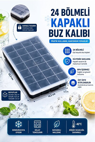 Delvos 24 Bölmeli Kapaklı Silikon Buz Kalıbı Silikon Kare Buzluk Kokteyl Sunum Buz Kalıbı Et Suyu