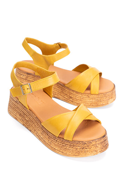 PASSAGE SHOES Women's Genuine Leather Wedge Heeled Sandals 6372 Mustard