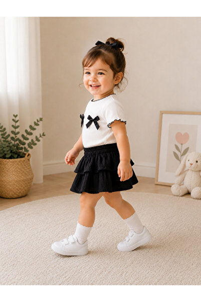AKİF GİYİM Kız Bebek & Çocuk Fırfırlı Etek Fiyonklu Bluz Takımı