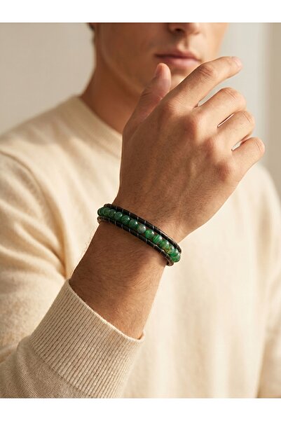 Parmas Design Green Agate Stone Leather Cord and Steel Bracelet 6mm Men's Gif...