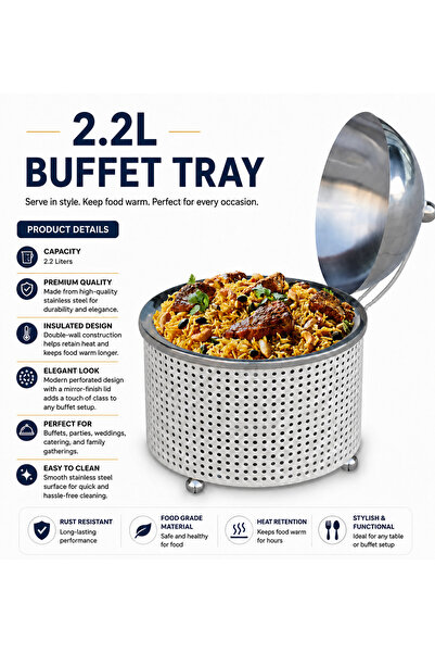Baytix HOME 2.2L Buffet Tray Stainless Steel Insulated Rice Bucket with Lid, ...