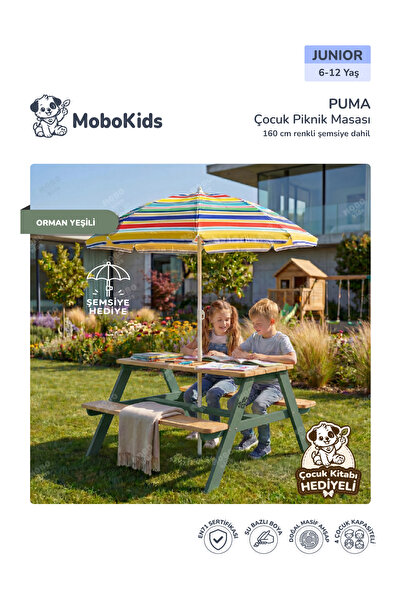 mobokids 4 Kişilik Çocuk Piknik Bankı Puma Masif Ahşap Junior 6 - 12 Yaş Şems...