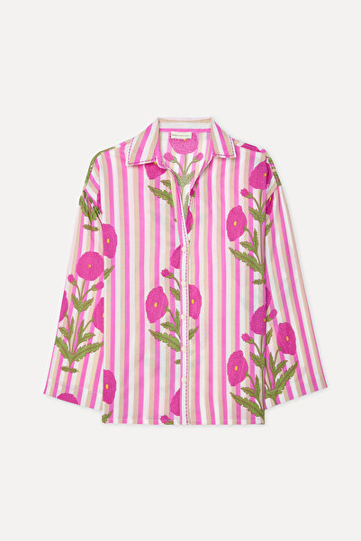 Mudo Kadın Pembe Çizgili Floral Desenli Uzun Kollu Gömlek