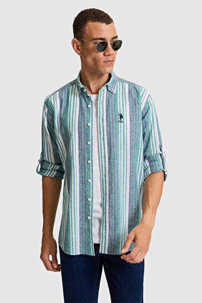 U.S. Polo Assn. قميص رجالي بأكمام طويلة باللون الأخضر الداكن 50320237-VR079