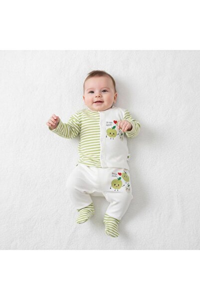 BEFS STORE ELMA Kokulu % 100 PAMUK Önden Açık 0-6 Ay Pijama Takımı - Ekru
