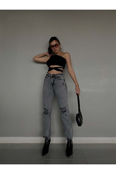 HerTon High Waist Trousers with Tassel Ripped Detail Premium Cotton Denim Pants
