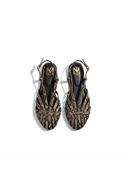 NE&VE SHOES صندل نسائي يومي من جلد الثعبان باللون الكاكي