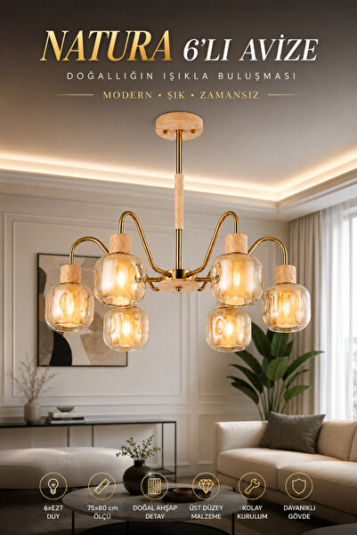 Elvora Home Modern (PREMİUM) Doğal Ahşap Detaylı Gold Gövdeli 6'lı Amber Caml...