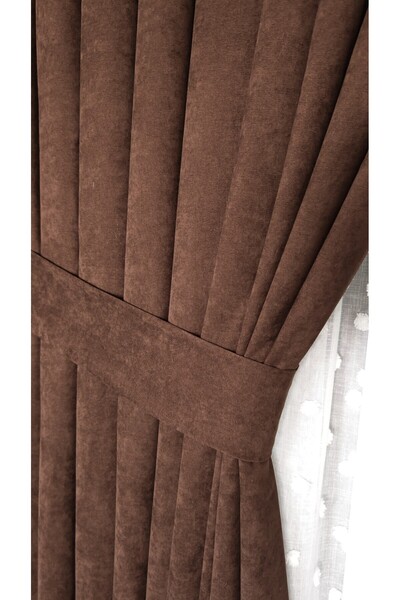 Yuka Bitter Brown Velvet Textured Background Curtain Single Panel 1/3 Folded ...