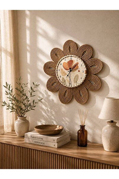 home inn Hasır Görünümlü Çiçek Tasarımlı Duvar Saati 55 Cm | Bohem Dekoratif ...