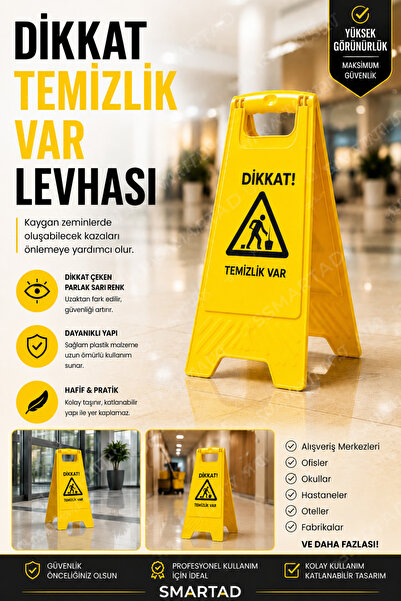 Smartad Dikkat Temizlik Var Levhası Katlanır Sarı Islak Zemin Uyarı Tabelası ...