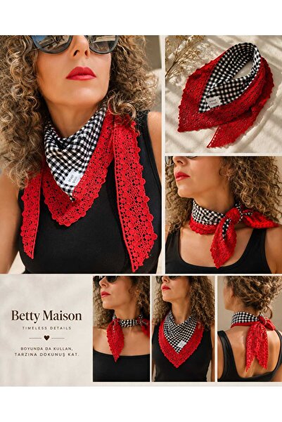 Handmade Betty Bands Black White Plaid Triangle Hair Bandana Red Lace Detailed Tie-Up Kerchief Scarf Belt Bohemian Vintage Women's Hair Accessory