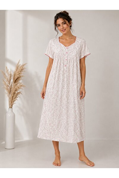 Alize Moda Button Collar, Short Sleeves, Patterned 100% Cotton Plus Size Wome...